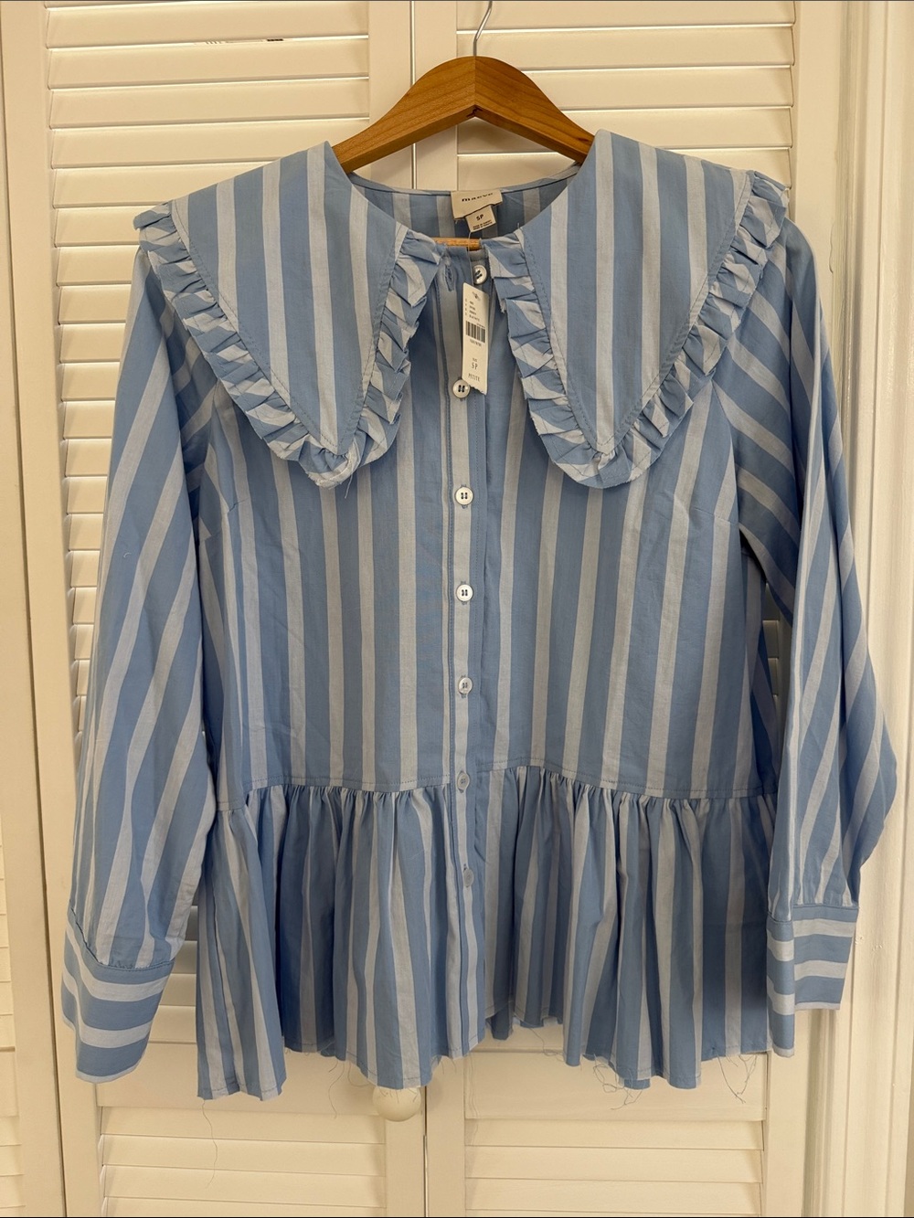 Maeve Light Blue & White Striped Ruffle Collar Button-Front Top